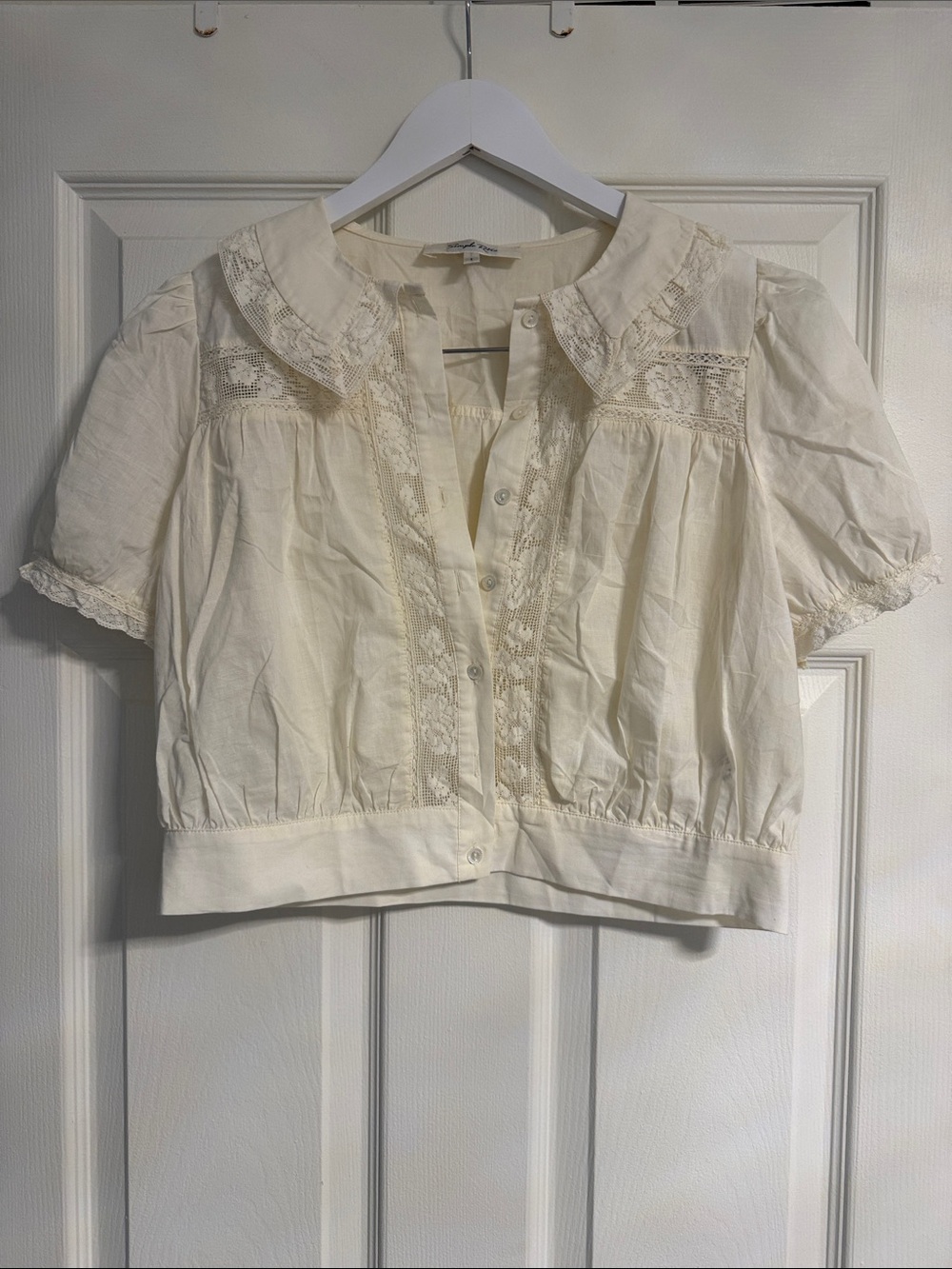 Cropped Cream Lace-Trim Button Blouse